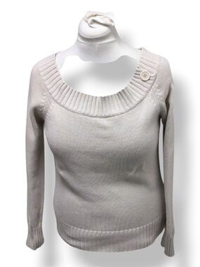 Roaman’s Women’s Wide Scoop Neck Knit Cotton Sweater VTG 90s Beige 10/12